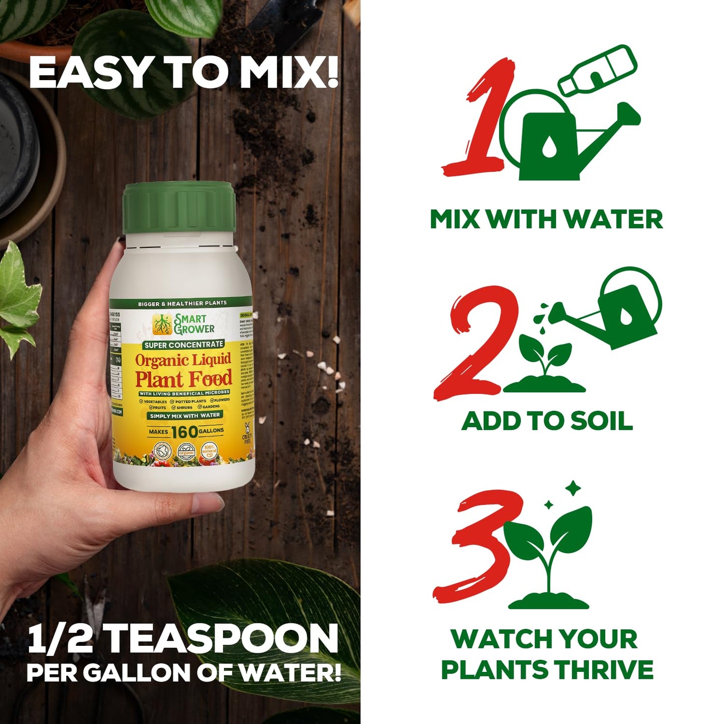 Organic Liquid Plant Food for Indoor Plants & Gardens, Natural NPK Fertilizer w/Beneficial Microbes, Rapid Results, Vegan, Best Value Super Concentrate, Smart Grower, Makes 160 Gallons (32 Fl Oz)