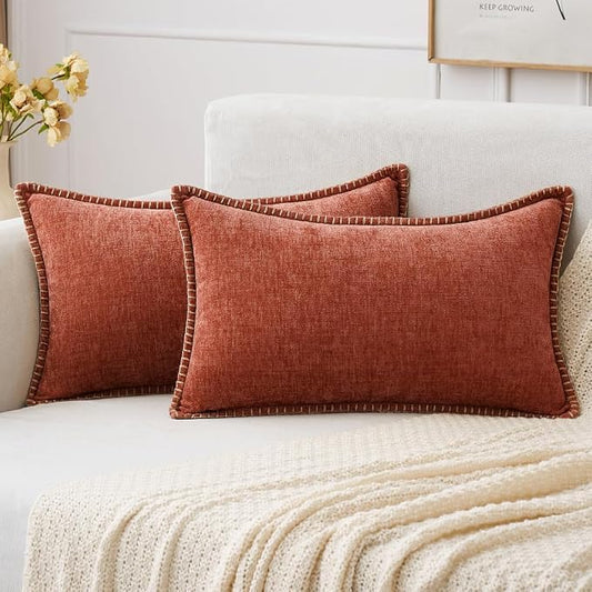 MIULEE Pack of 2 Fall Lumbar Throw Pillow Covers 12x20 Inch Burnt Orange Farmhouse Decorative Pillow Covers with Stitched Edge Soft Chenille Solid Dyed Pillow Covers for Couch Sofa Bed Living Room