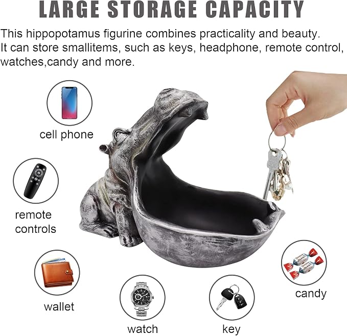 aboxoo Hippo Statue Home Resin Hippopotamus Figurine Fun Candy Dish,Key Bowl,Big Mouth Sculpture Table Art Decoration Sundries Container Storage Boxes (Grey)