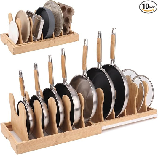 MEKER Pot Lid Holders, Cabinet Organizer for Food Contanier Lid, Bamboo Expandable Bakeware for Under Cabinet, Adjustable Dividers, Pot Lids Holder Rack, Cookie Sheet Baking Pan, Tray Organizer, 10PCS