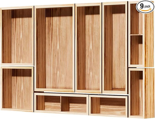 9-Pack Solid Wood Junk Drawer Organizer, Modular Desk Drawer Tray & Accessories with Non-Slip Pad, Multi-Use for Kitchen, Office, Bedroom Dresser, Utensil, Makeup, Stationery, Tea Bags & Coffee Pod
