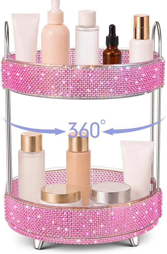 Honeydak 360 Rotating Perfume Organizer Gift for Women, Rhinestone Preppy Skincare Organizer Bathroom Counter Makeup Holder Skincare and Perfume Storage for Cosmetic(2 Tiers,Pearl,Pink)