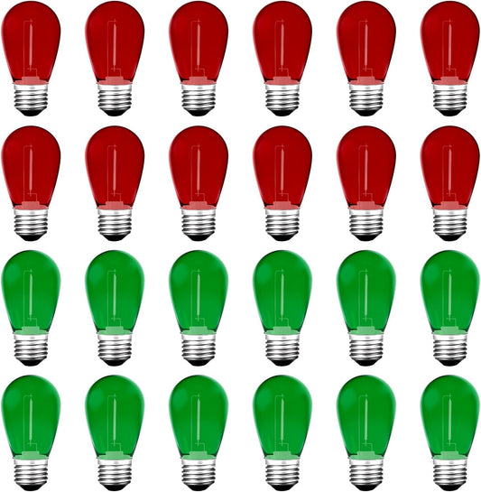 S14 Colored LED String Light Bulbs, 24-Pack 1W Plastic Shatterproof Waterproof Outdoor Indoor Replacement Bulbs for Home Decor, E26 Medium Screw Base, Red and Green Christmas Bulbs