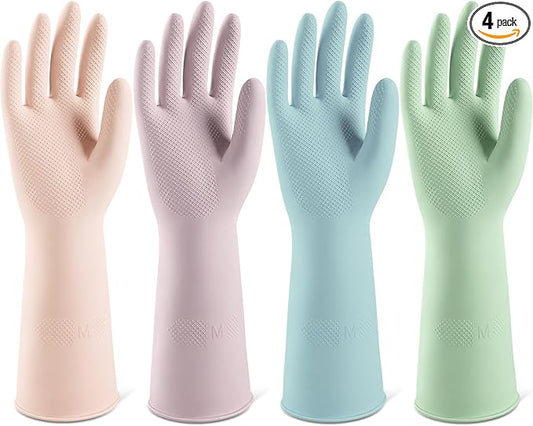 ThxToms 4 Pairs Reusable Dishwashing Cleaning Gloves,10 Mil Thick, 13" | Non-Slip Rubber Kitchen Gloves, Multi-Color, Ideal for Household, Bathroom, Pet Care & Gardening, Medium