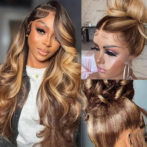 Brofiri Honey Blonde Wigs 360 HD Lace Front Wigs Human Hair 4/27 Colored Ombre Highlight Body Wave Lace Front Wigs Human Hair Pre Plucked Full Lace Frontal Wigs Glueless Wigs 180% Density 20 Inch