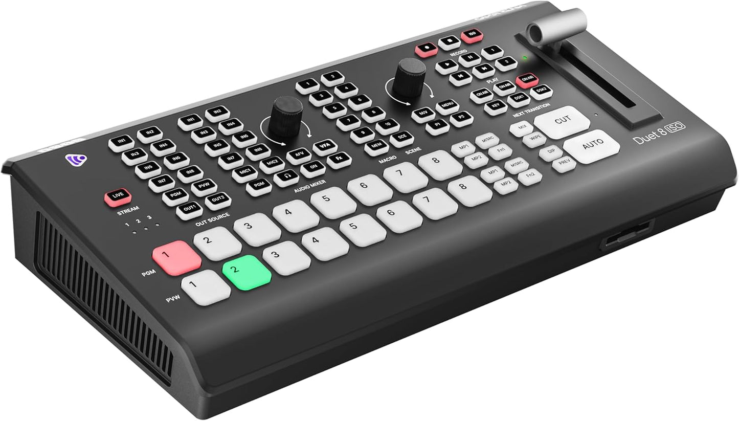 Osee GoStream Duet 8 ISO, 8 Channels Video Switcher with 4 4K-HDMI, 4 SDI, and 4 NDI HX/ 4 SRT/ 4 RTMP/ 2 Webcam. 2 XLR Audio, 8 Layouts, Isolated Recording, Podcast Unit for YouTube, Facebook