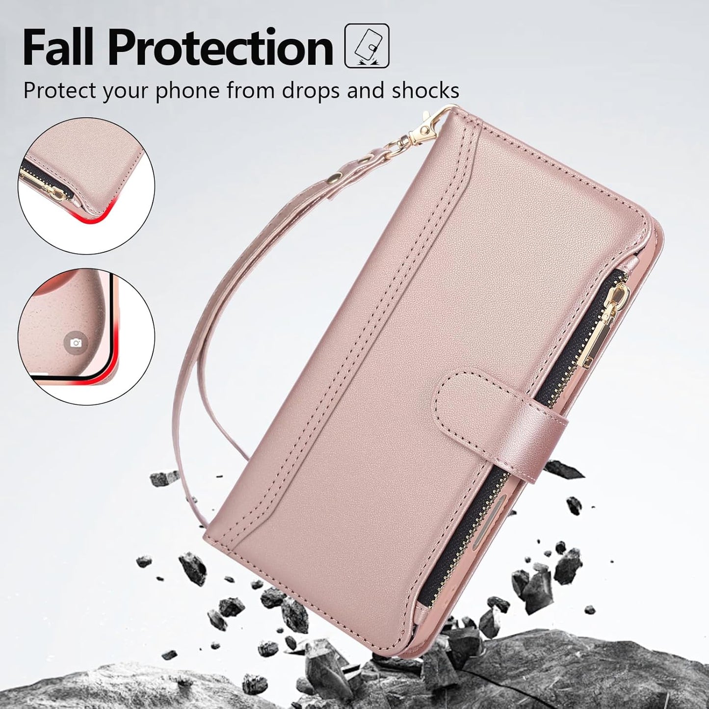 Compatible with iPhone 16 Pro Max Wallet Phone Case-PU Leather Magnetic Flip Cover with Credit Card Slots,Zipper Pocket & Detachable Wrist Strap,Shockproof Design,for Women and Men-Pink