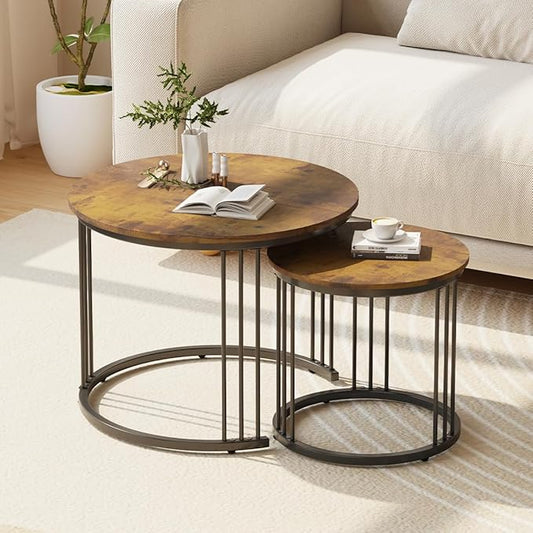 Garden 4 you Nesting Coffee Table, 23.6" Round Coffee Table Set of 2, Wooden Nesting Table with Metal Frame, Ceter Tables for Living Room Bedroom Balcony, Rustic Brown