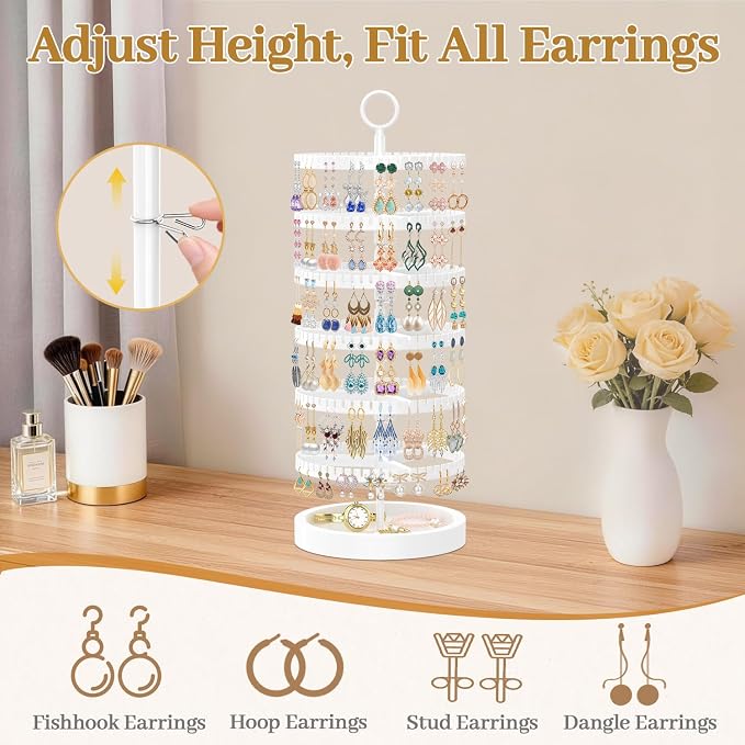 MODOWEY 6 Tier Rotating Earring Holder Organizer Display Tree with Wooden Tray, Adjustable Plastic Stand with 342 Slots for Stud Hoop Hanger, Large Capacity Storage Rack for Women Space Saving, White