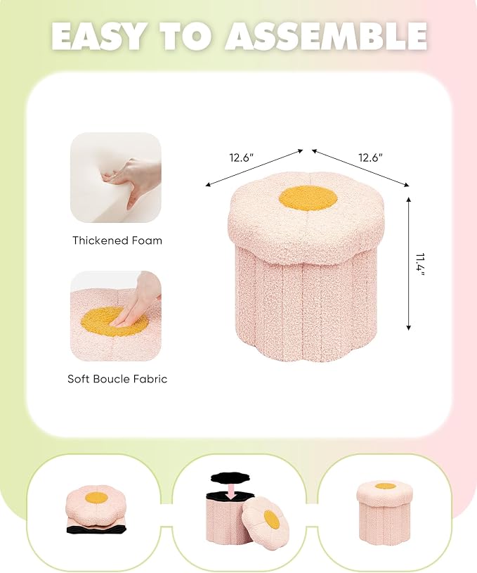 B FSOBEIIALEO Storage Ottoman Foldable, Sunflower Shaped Small Footrest Collapsible Folding Seat Bench for Bedroom Living Room Entryway, Faux Teddy Fur, Pink 12.6"x12.6"x11.4"