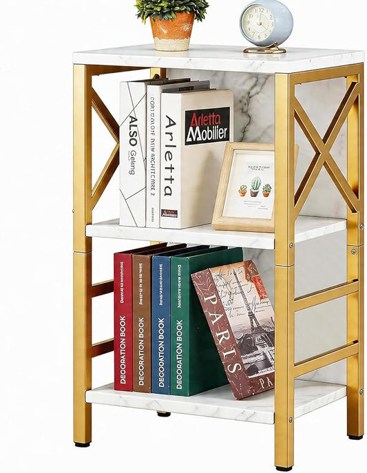 MNEETRUNG Small Bookshelf,3 Tier Industrial Bookcase with Metal Frame and Backboard,Low White and Gold Book Shelf,Book case for Small Spaces,Living Room,Bedroom and Home Office