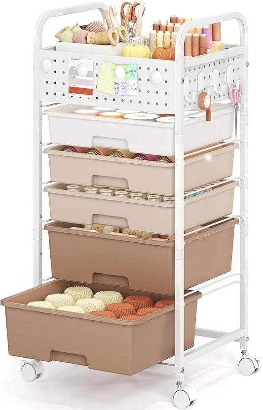 5 Drawer Rolling Storage Cart with Pegboard Top and Hooks, Mobile Organizer Cart with Wheels for Office Supplies, Craft Storage, Classroom Organization, Home Utility Cart, Brown