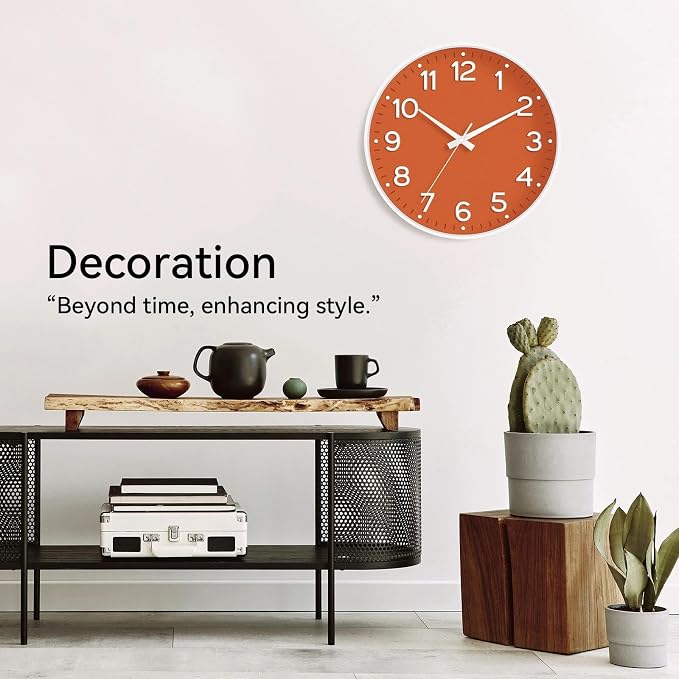 Roymnie Wall Clock 10 Inch Silent Wall Clocks Battery Operated-Modern Non Ticking Analog Clock Decorative for Kitchen Bedroom Office Bathroom(Orange)