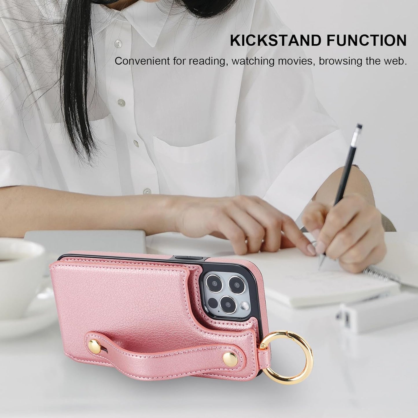 Folosu for iPhone 12/12 Pro Wallet Case with Card Holder, Hand Wrist Strap Loop Holder Kickstand, RFID Blocking Finger Grip Ring PU Leather Double Buttons Shockproof Cover 6.1" Rosegold"