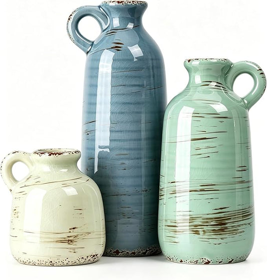 Ceramic Vase Set of 3, Vase with Handle, Modern Farmhouse Vases for Pampas Grass & Dried Flowers, Flower Vase for Table Living Room Home Decor-Multicolor