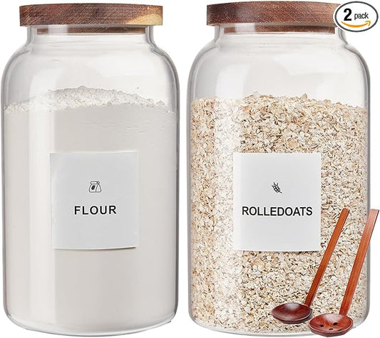 2 Pack Glass Storage Jars with Airtight Wooden Lids, 2700ml Large Clear Kitchen Canisters with Spoon, Food Storage Containers for Flour Sugar Coffee Beans Rice Cereal Pantry Organization
