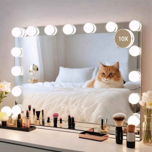 MKupView 22.8" x 18.2" Wall-Mounted Mirror Vanity Mirror with Lights White Makeup Mirror Hollywood Mirror with 15 Dimmable LED Bulbs 3 Color Modes 10X Magnification & USB Charging Port