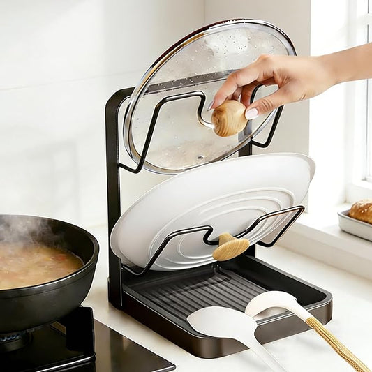 Kitchen Pot Lid Storage Rack, 2-Tier Lids Holder with Detachable Drip Tray While Cooking, Multifunctional Countertop Organizer for Cutting Boards, Ladles and Pan Covers