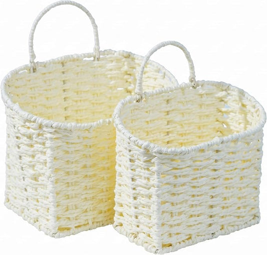 Coeusy Hanging Basket, Paper Roper Wall Basket for Laundry,Entryway,Nursery,Bathroom, Large Door Basket for Flowers,Planters,Mail,White