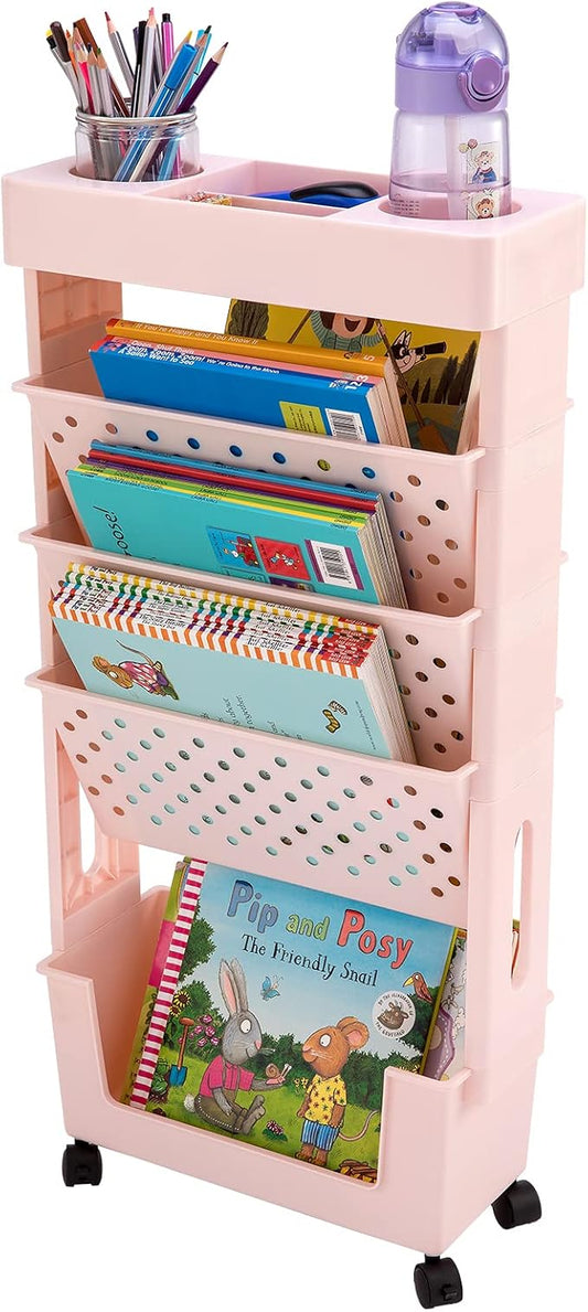Pink Rolling Office Paper Organizer, Mobile Book Cart Document Folder File Storage with Pen Holder, Slim Rolling Storage Cart Movable Bookshelf for Office, Dorm, Classroom, Nursery