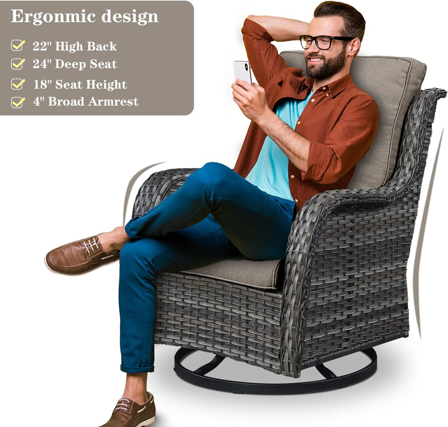 Outdoor Wicker Furniture Patio Set - 7 Piece Backyard Furniture Grey Rattan Conversation Sets with Swivel Rocker Chairs, Rattan Sofa, Club Chairs and Coffee Table, Grey Cushion
