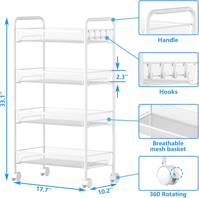 OVICAR 4 Tier Mesh Wire Rolling Cart, Kitchen Storage Organizer Utility Cart, Full Metal Basket Storage Art Trolley Carts with Wheels & 4 Side Hooks