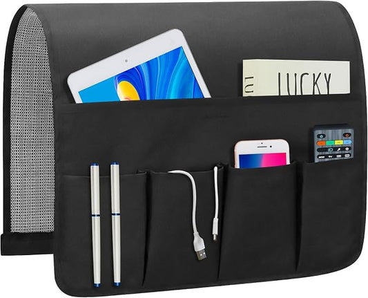 Non-slip Couch Organizer Armchair Caddy, Oxford TV Remote Control Holder Bedside Caddy with 5 Pockets for Key Glasses Phone Magazine Holders.