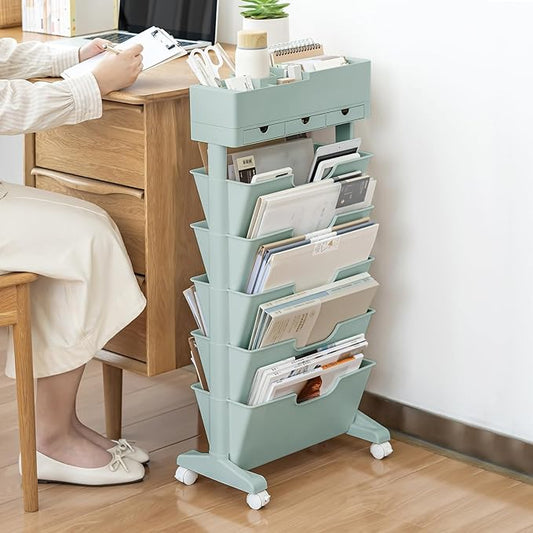 5 Tier Rolling Book Cart Multi-Functional Movable Storage Bookshelves with Lockable Wheels for Study Office Library Classroom, (Blue, with Wheel)