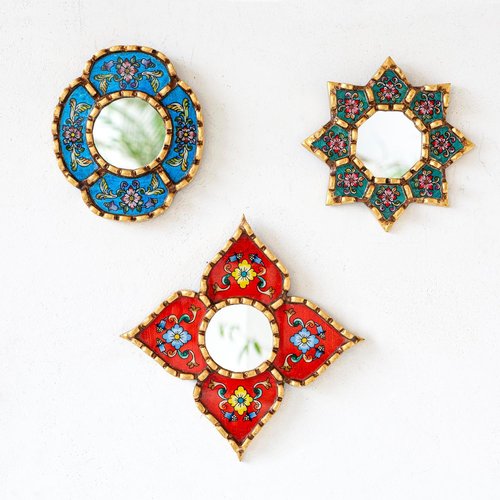 DecorContreras Handmade Small Accent Wall Mirrors Set of 3 | Peruvian Decorative Mirrors for Boho, Vintage & Bathroom Wall Decor