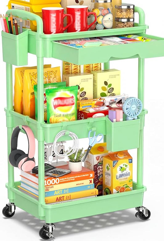 SUNALLY 3-Tier Rolling Cart with Drawer & Lockable Wheels, Bathroom Storage Organizer Multifunctional Rolling Storage Cart for Bathroom, Kitchen, Office, Craft, Makeup, Baby Essentials, Green