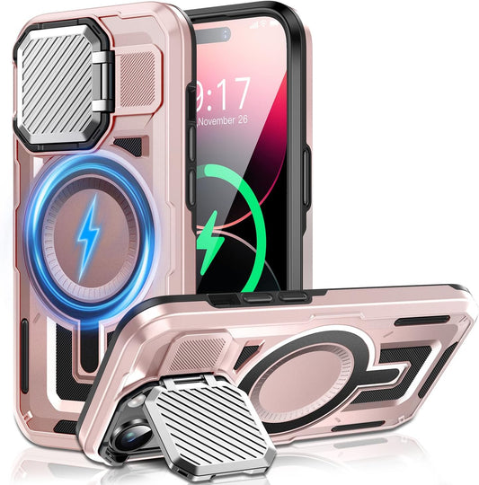 Camera Stand Case for iPhone 14 Pro, [Compatible with Mag Safe] [Lens Cover] 2024 Version Military Grade Protective Soft Case for iPhone 14 Pro 6.1 inch Men Women, Pink