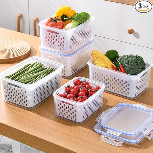3 PCS Fruit Storage Containers for Fridge Food Berry Storage Container Set with Removable Strainer Lid Berries Container for Fridge BPA-Free Plastic Crisper for Long-Term Freshness