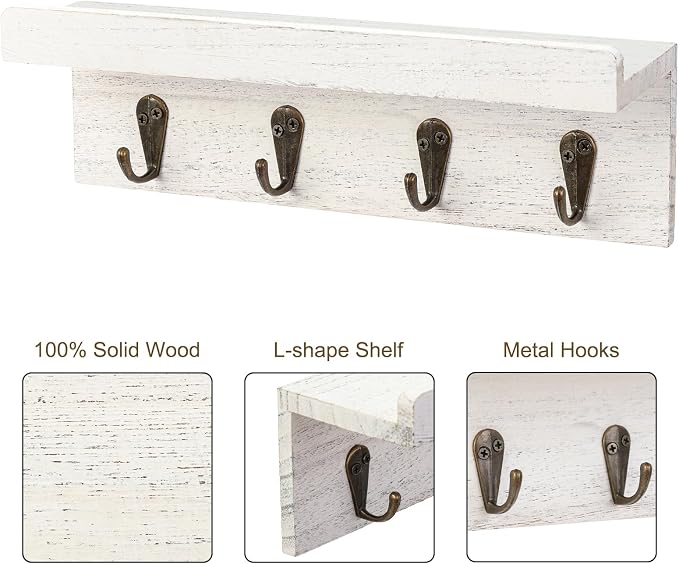 HRONRAD Rustic Key Holder for Wall, Farmhouse Wall Shelf with 4 Hooks, Wall Mounted Key Racks, Wooden Mail Organizer with Hooks for Entryway (White)