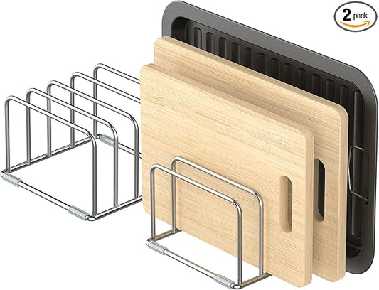 KORRTFID Cutting Board Holder Stand, Chopping Board Storage Rack, Cutting Board Organizer, 304 Stainless Steel Chopping Board Holder, Cookie Sheets Organizer 1.0+1.2 Inch Width Slots (2 PCS)