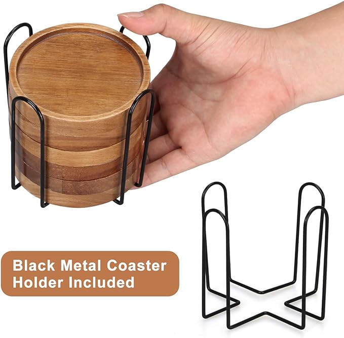 Rustic Wooden Coasters Set of 8 Farmhouse Coffee Table Decor Acacia Wood Drink Coaster with Holder Modern Outdoor Bar Cool Cup Costers Kitchen Accessories Decoration Home Dining Coasters Gift