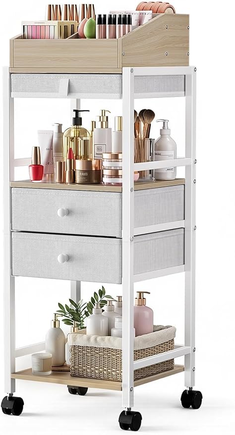 Luxspire Makeup Organizer Cart, Floor Skincare Organizers, Makeup Storage with Drawers, Vanity Organizer Cosmetics Display Cases Holder for Skin Care, Perfume, Makeup Brush, Hair Tool, Wood & White