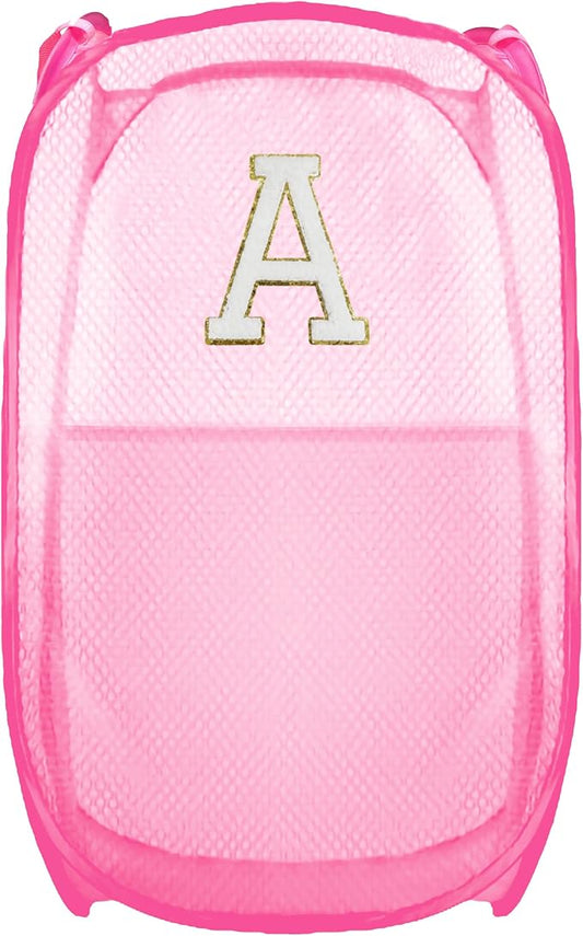 Collapsible Pop Up Laundry Hamper, Extra Large with Removable Initial Letter A, Mesh Foldable Laundry Basket, 28" x 16" x 16" (Pink)