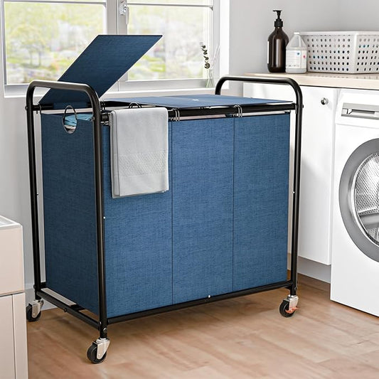 180L (47.55 Gal) Laundry Sorter 3 Section, Rolling Laundry Basket with Lockable Wheels and Lid, Laundry Hamper with 3 Separated Removable Bags Dirty Clothes Hamper for Laundry Room Organizer, Blue