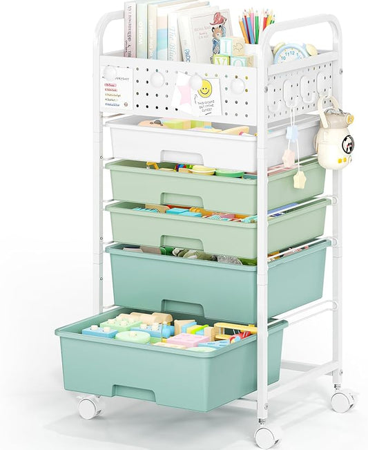 5 Drawer Rolling Storage Cart with Pegboard Top and Hooks, Mobile Organizer Cart with Wheels for Office Supplies, Craft Storage, Classroom Organization, Home Utility Cart, Gradient Green