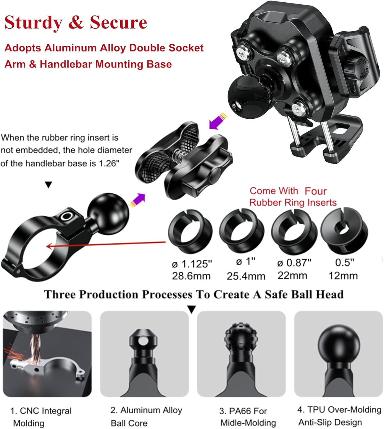 BRCOVAN Anti-Theft Motorcycle Phone Mount with Vibration Dampener, [1s Lock] [Camera Friendly] Handlebar Cellphone Holder for Bike Bicycle Scooter ATV, Adjustable Size Fit 5.4-7.2" Smartphone"