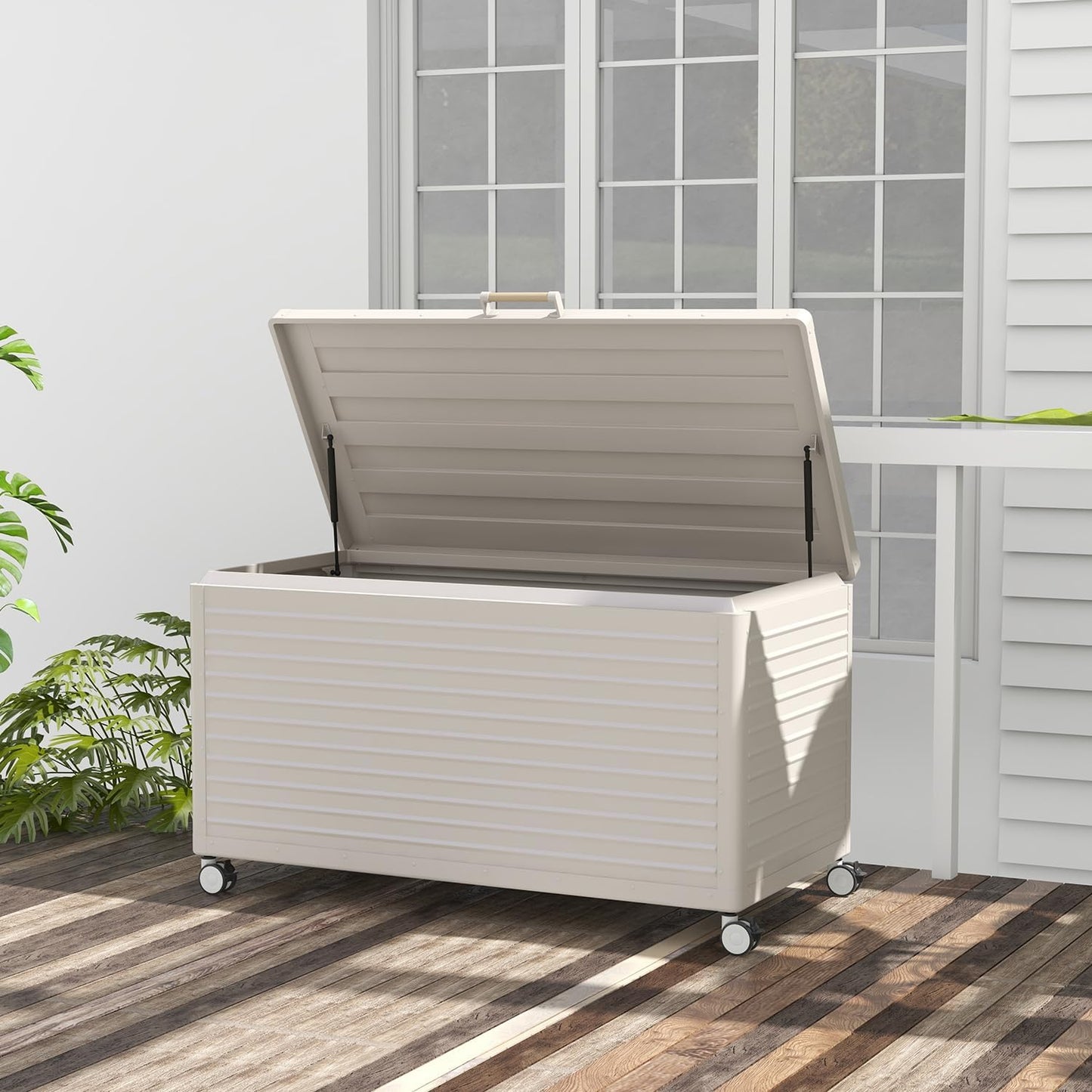 134 Gallon Outdoor Storage Box Waterproof with Wheels, Metal Deck Box for Patio Furniture, Garden Tools, Outdoor Cushion, Latte