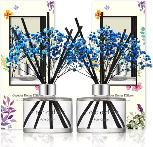 COCODOR Preserved Real Flower Reed Diffuser/Pure Cotton / 6.7oz(200ml) / 2 Pack/Reed Diffuser Set, Oil Diffuser & Reed Diffuser Sticks, Home Decor & Office Decor, Fragrance and Gifts