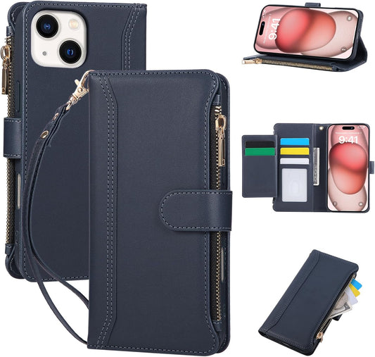 Compatible with iPhone 15 Wallet Phone Case-PU Leather Magnetic Flip Cover with Credit Card Slots,Zipper Pocket & Detachable Wrist Strap,Shockproof Design,for Women and Men-Navy Blue