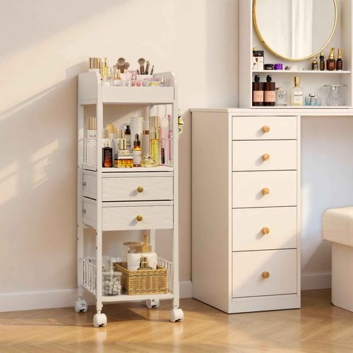 DongRong Floor Makeup Organizer with Lockable Wheels & 8 Dividers, 2-Drawer Rolling Skincare Cart for Cosmetics/Perfume/Nail Polish, Mobile Vanity Storage - White (Bathroom/Bedroom Use)