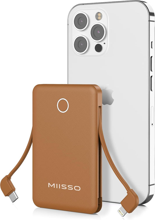 6000mah Ultra Slim Built in Cables Power Bank, Card Size Built in USB C Cords Battery Pack Portable Charger for Phones, 3 Output External Battery Pack Compatible with iPhone, Samsung, Google, Brown