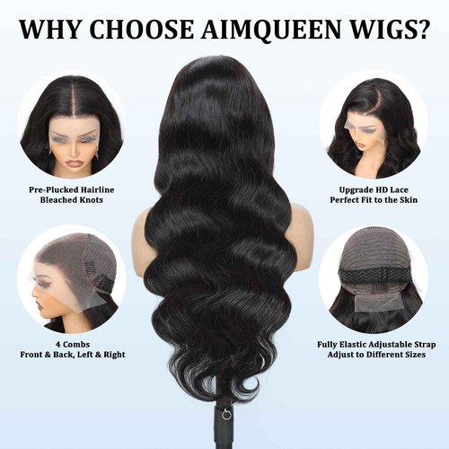 Aimqueen 22 Inch 13x6 Lace Front Wigs Human Hair 200 Density Body Wave Lace Front Wigs Human Hair Pre Plucked 12A Glueless Wigs for Women HD Lace Frontal Wigs Natural Color