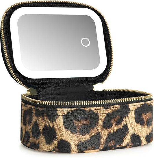 Extrei Gent Small Makeup Bag Travel Train Case with Mirror and Light Mini Travel Makeup Train Case Cosmetic Organizer 3 Adjustable Brightness Toiletry Bag Portable Artist Storage (Leopard Print)