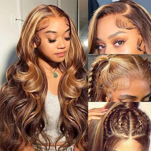 24 Inch Honey Blonde Ombre Highlight 13x6 Lace Front Wigs Human Hair 180% Density HD Transparent Pre Plucked Body Wave Lace Front Wigs Glueless #4/27 Colored Human Hair Wig for Women