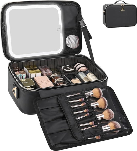 Relavel Makeup Train Case With LED Mirror, Professional Travel Cosmetic Bag with Removable Partitions,Compact Makeup Organizer, Waterproof Toiletry Case for Women, Black