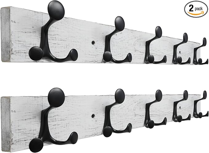 SKOLOO 30-Inch Wood Coat Rack Wall Mount with 5 Triple Hooks - Ideal for Family Entrances, Classrooms, and Pet Supplies Storage - Perfect Coat Hooks for Wall,Distressed White Wash, Pack of 2